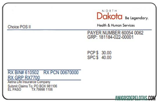 Cartão de seguro saúde da Dakota do Norte exemplo real